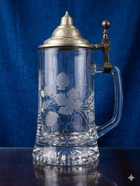 Vintage ALWE German Crystal Beer Stein Pewter Lid Hand-Etched NOS W Germany